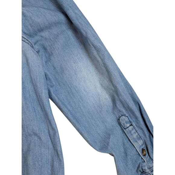 Lane Bryant Denim Chambray Shirt Womens Sz 20 Cotton Blue Distressed Frayed Hem - Picture 7 of 14